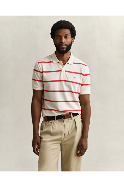 Gant Erkek Krem Regular Fit Çizgili Logolu Polo Yaka T-Shirt