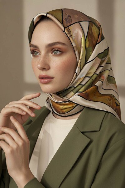 Vissona %100 Twill İpek Bahar Çiçekleri Desenli Haki Yeşil - Vizon Renkli 90x...