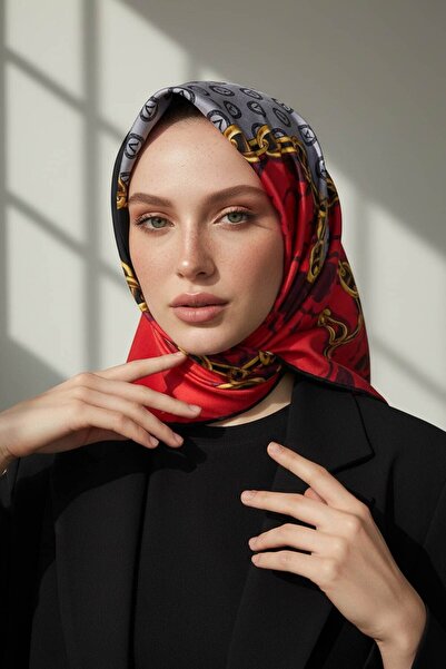 Vissona 100% Twill Silk Monogram και σχέδιο αλυσίδας σε κόκκινο - γκρι χρώμα,...