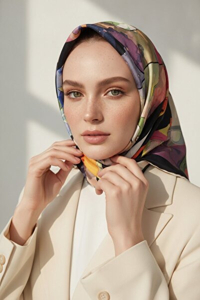 Vissona %100 Twill İpek Bahar Çiçekleri Desenli Siyah - Kırmızı Renkli 90x90 ...