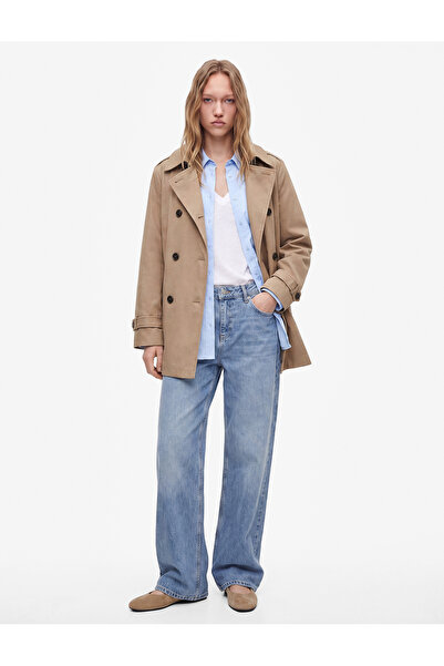 Koton Buttoned Belted Pocketed Cotton Gabardine Long Sleeve Double Breasted C...