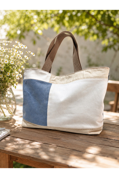 minart design Mavi Krem Renginde Patchwork Büyük Omuz Çantası