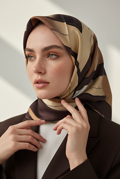 Vissona %100 Twill İpek Geometrik Fırça İzi Desenli Kahverengi - Bej Renkli 9...