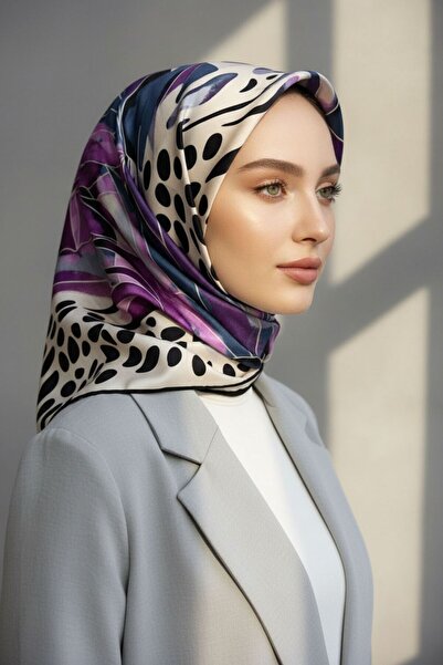 Vissona %100 Twill İpek Amazon Desenli Lila - İndigo Renkli 90x90 Eşarp Kenar...