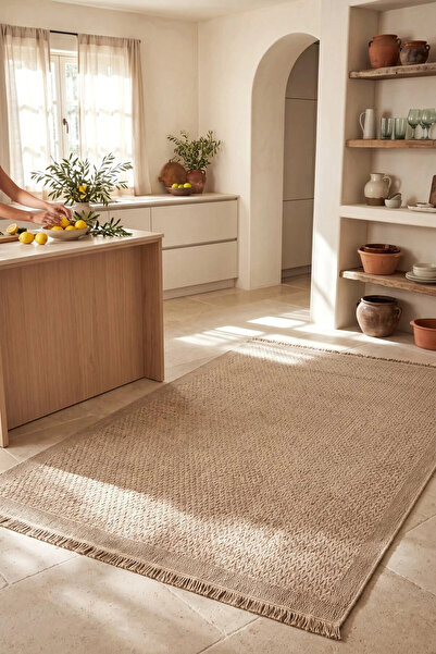 Eliz Home Naturel Jüt Halı Modern Örme Hasır Toz Vermez Kaymaz Taban Balkon B...
