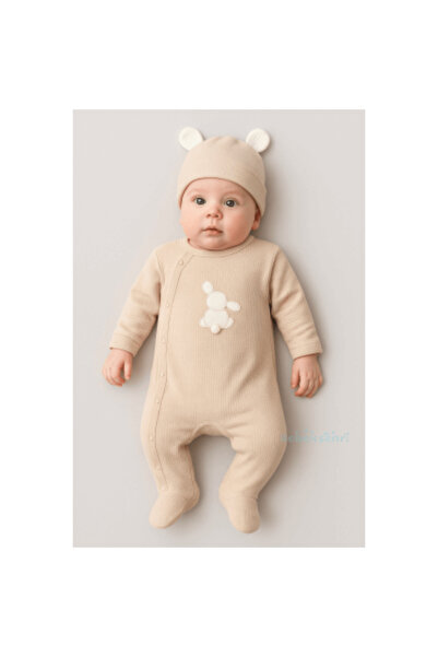 Evokids Organic Beige Rabbit Jumpsuit and Hat