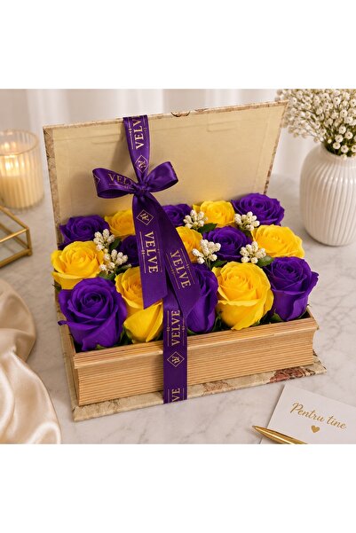 velve Floral arrangement with 15 soap roses, in a book-type box, Purple-Yellow,