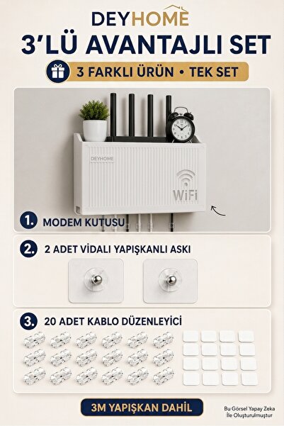 DEYHOME 3’lü Modem Düzenleme Seti Modem Gizleme Kutusu, 20 Adet 3M Yapışkanlı...