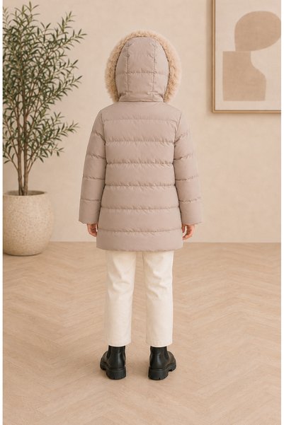 napoli jous Girl's Waterproof Plush Fur Hooded Long Inflatable Winter Coat 6-10 Years Old Cream-Beige