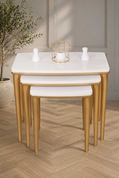 deniss home Napali 3'lü Lüx Ahşap Mdf Zigon Sehpa Bej Gold
