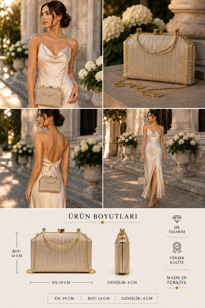 womenacs Gold Color Laser Fabric Wavy Glitter Evening Dress Clutch Chain Stra...
