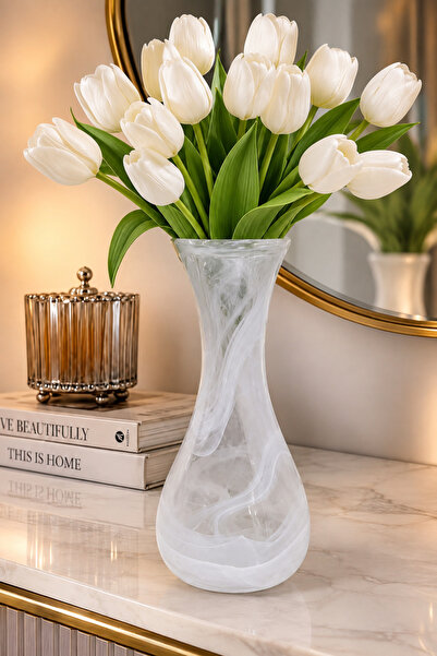 ANGDESİGN LALE VAZO ALABASTER VAZO BEYAZ || 22 Cm || Cam Vazo Dekoratif Vazo Çiçek Vazosu Modern Vazo Salon Vazosu Konsol Vazosu Masa Üstü Vazo Ev Dekorasyon Canlı Çiçek ve Kuru Çiçek Vazosu Sehpa Üzeri Salon