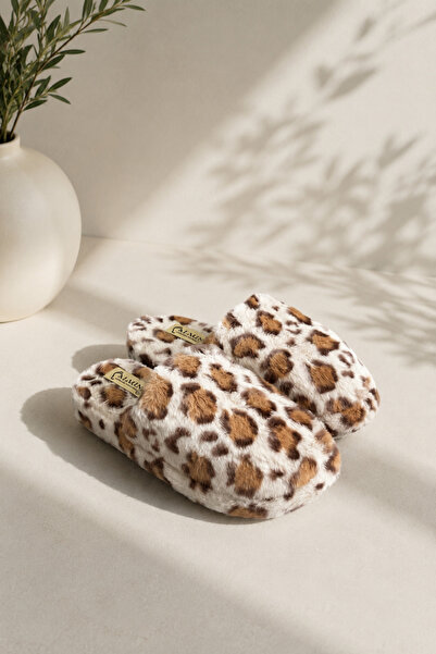 Behtah Kundura Fluffy Silent Sole Leopard Patterned Women's House Slippers Fu...