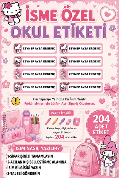 Ayza Tasarım İsme Özel Okul Etiketi Sticker Kişiye Özel Kız Çocuk İsim Etiket...