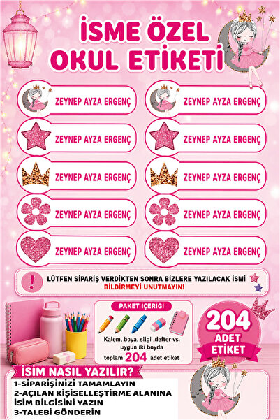 Ayza Tasarım İsme Özel Su Geçirmez Okul Etiketi Sticker Kişiye Özel Kız Çocuk...