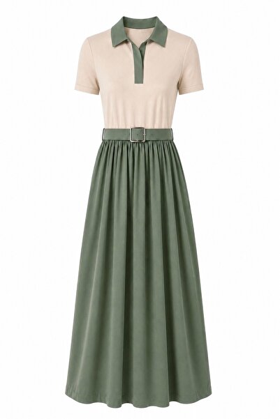 FEG STORE Parachute Skirt Polo Collar Belt Detailed Short Sleeve Double Pocke...