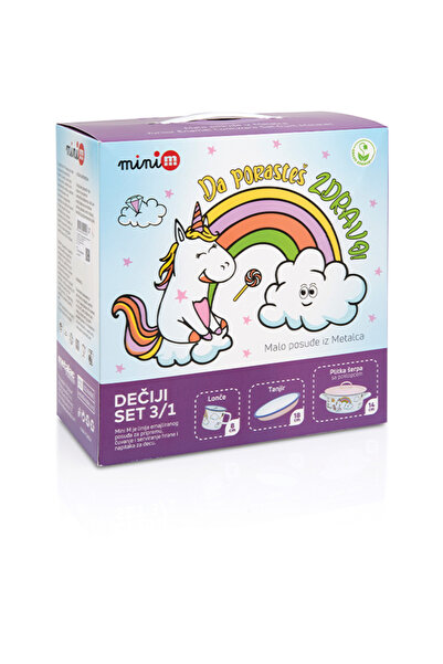 Metalac Set 3 piese 1.5l Oală emailată Unicorn/Cană 8cm/Caserolă capac 14cm/F...