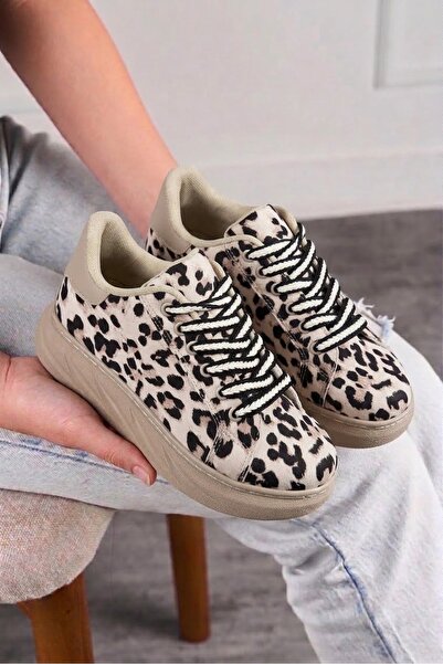 İmerShoes Günlük Kadın Sneaker Leopar Desenli Bağcıklı Oval Burun Yüksek Kalın Topuklu Spor Ayakkabı 313