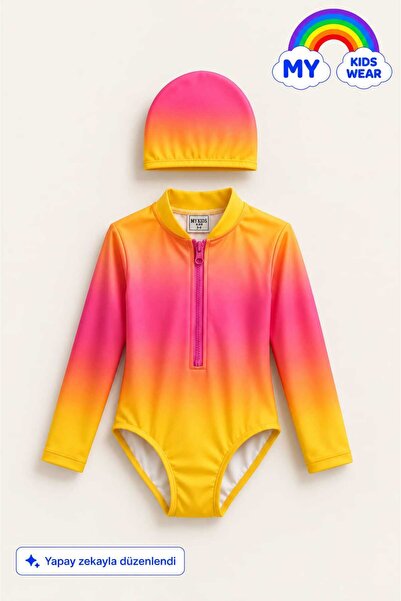 My Kids Wear Girl's Uv Protection Long Sleeve Zipper Swimsuit Set 12783