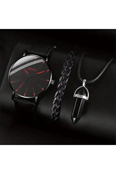 Choice Black Red 3pcs Set Fashion Mens Watches Luxury Casual Leather Quartz W...