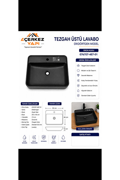Genel Markalar CeraStyle Standard Dikdörtgen Tezgâh Üstü Lavabo – Siyah Mat