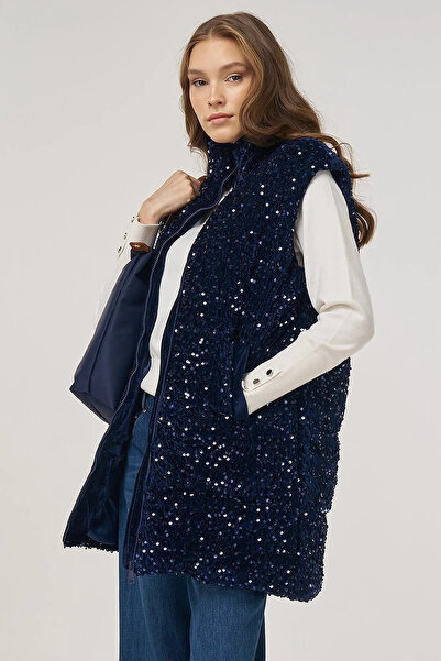 Kayra Sequin Embroidered Puffer Vest Dark Navy Blue