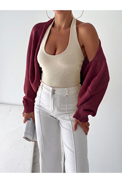 MaxiMor Women's Knitwear Burgundy Color Bat Sleeve Bolero Cardigan