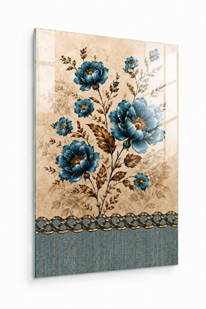 Decorita Cam Tablo |   Vintage Blue Floral Pattern Painting