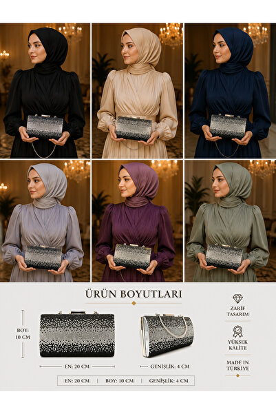 Gümüş Siyah Platin Üç Renk Serpme Taşlı Abiye Clutch Portföy Düğün Nişan Kına Gece Çantası
