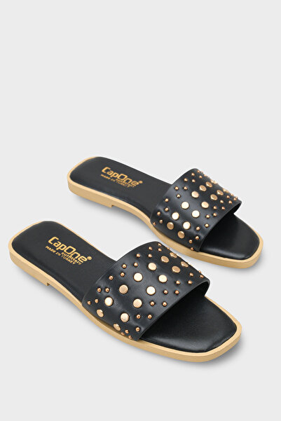 Capone Outfitters Women's Short Heeled Slippers with Metal Look Accessories a...