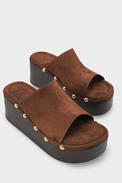 Capone Outfitters Rina Suede Stone Detailed Wedge Heel Daily Women's Slippers