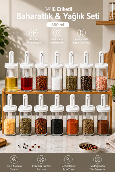 Porsima 1104 14-Piece Sliding Spoon, Leak-Proof Lid, Labeled Oil Pot, Spice B...