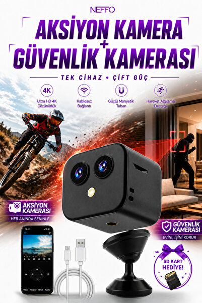 NEFFO 4K Mini WiFi Güvenlik Kamerası | Manyetik Taban, Hareket Algılama, Gece...