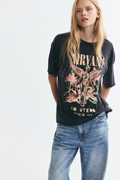 H&M Baskılı Oversize Tişört