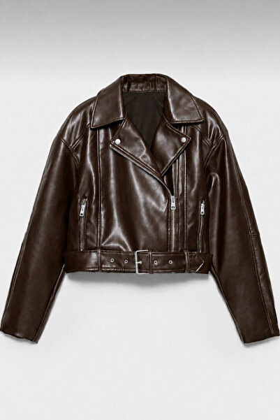 moda armanc Women's Belted Oversize Cropped Leather Jacket |   New Season Bik...