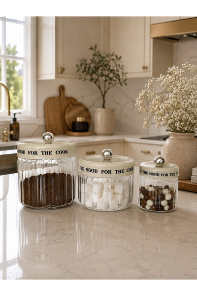 YS COLLECTION YŞ Home - 3’lü Çizgili Cam Saklama Kavanozu Krem Plastik Kapakl...