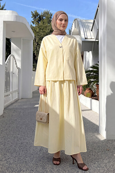 Salih Çelebi Brooch Buttoned Skirt Suit 2342 - Yellow