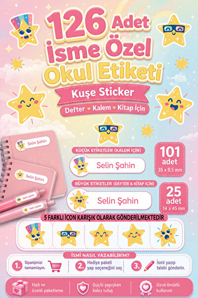 tifopix 126 Adet İsime Özel Okul Etiketi Seti Star Temalı Defter Kitap ve Kal...