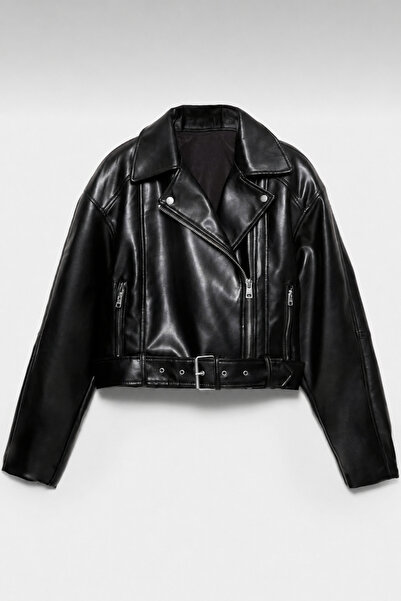 moda armanc Women's Belted Oversize Cropped Leather Jacket |   New Season Bik...