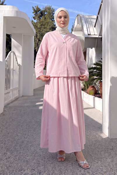 Salih Çelebi Brooch Buttoned Skirt Suit 2342 - Pink