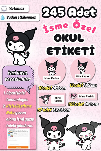 Sticker Ekspres Okul Etiketi Kuromi Kalem Defter Etiketi Özel İsim Yazılabile...