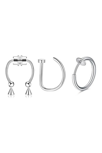 Choice7 H8-3Pcs-Silvery 3 قطع حلقات أنف مغناطيسية وهمية من الفولاذ المقاوم لل...