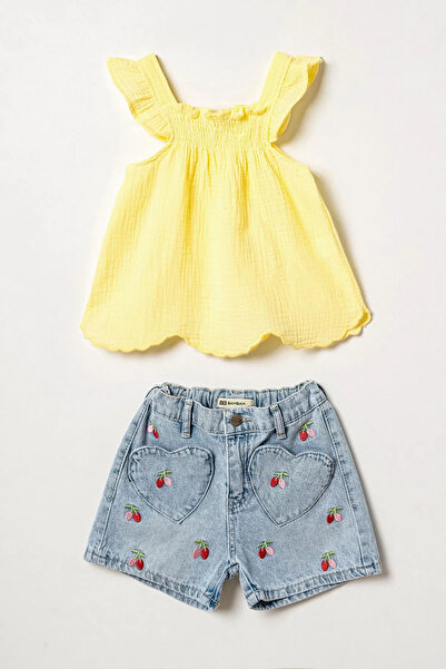 Minigimin Cicileri My Little Girl's Cherry Embroidered Muslin Denim Shorts Se...