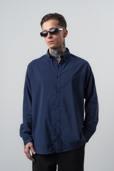 Respire Men's Arma Embroidered Long Sleeve Oversize Shirt Navy Blue