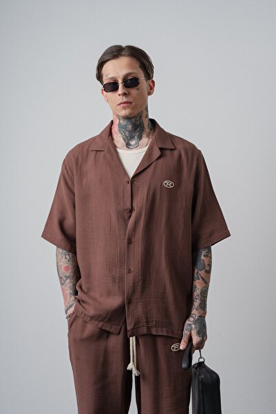 Respire Men's R Embroidered Short Sleeve Muslin Oversized Shirt Brown