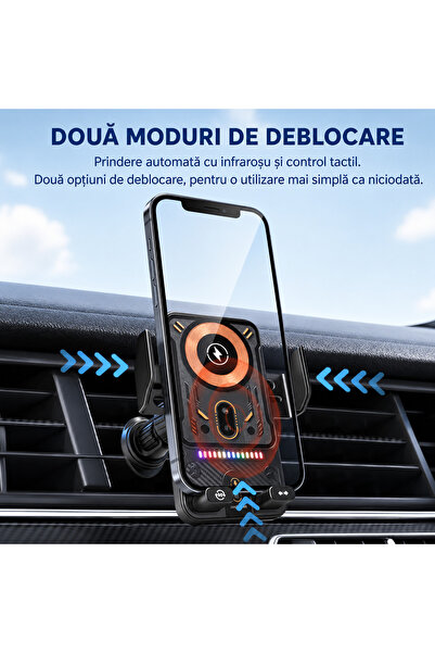 RaSteff Suport Auto pentru telefon cu Incarcare Wireless, Prindere cu ajustare automata, Rotire la 90°