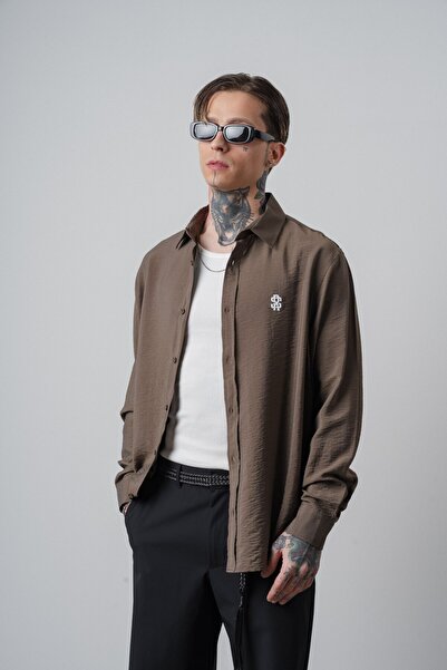 Respire Men's Rs Embroidered Long Sleeve Oversized Shirt Khaki