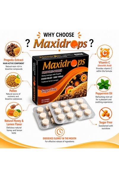 Maxidrops أقراص البروبوليس والحبوب اللعابية - مع فيتامين سي وزيت النعناع - خالية من السكر - 24 قرصًا