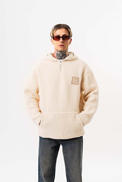 Respire Men's Half Zipper Hooded Oversized Plush Hoodie Ecru