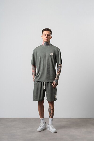 Respire Men's Route 07 Arma Detailed Regular Fit T-Shirt Shorts Set Khaki